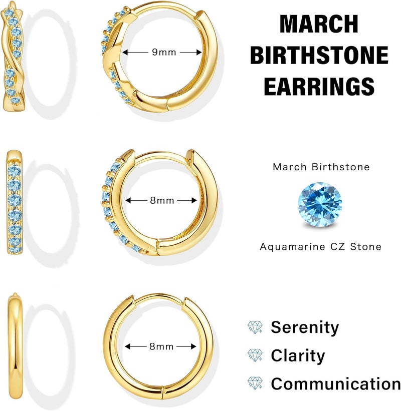Inerney 14K Gold Plated Huggie Hoop Earrings for Women, Small Sterling Silver Earring Set Hypoallergenic Cartilage Helix Stacks, Mini Dainty Cute Trendy Birthstone Jewelry Gift for Multiple Piercings - Image 3